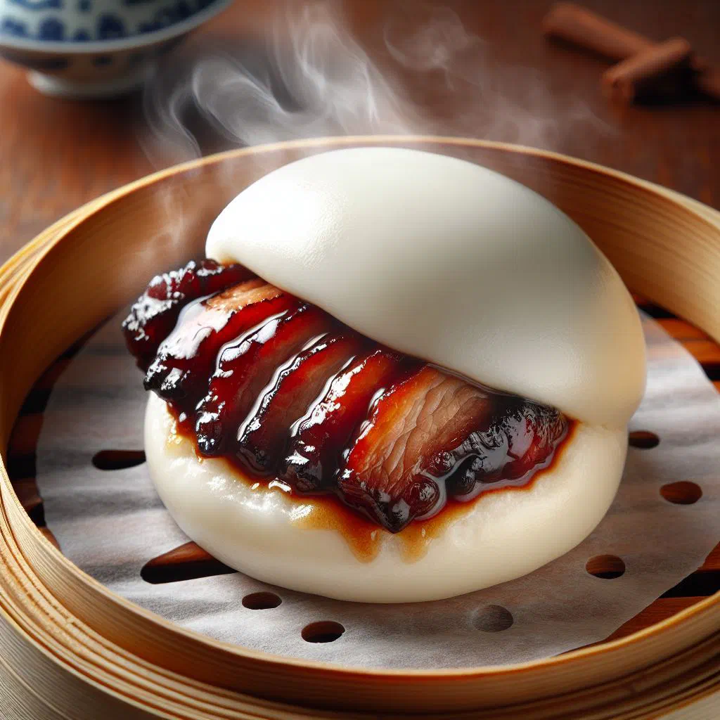 Steamed char siew pau buns filled with sweet barbecued pork