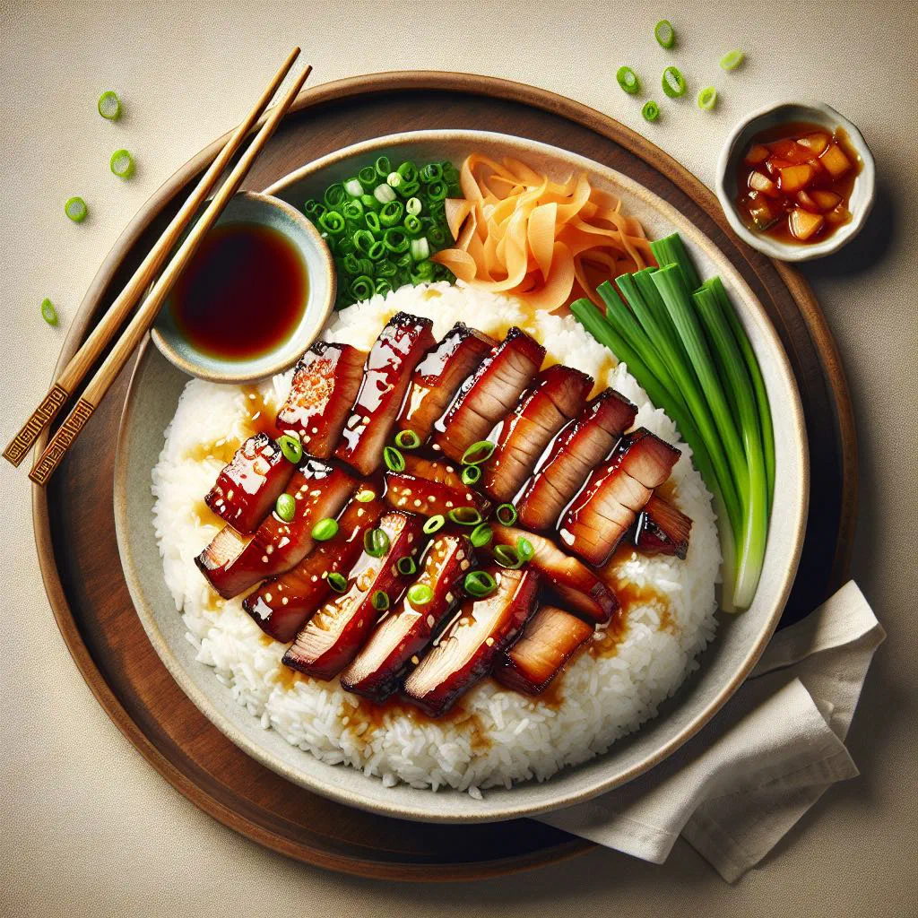 Sliced glazed char siew pork served over fragrant rice with spring onions