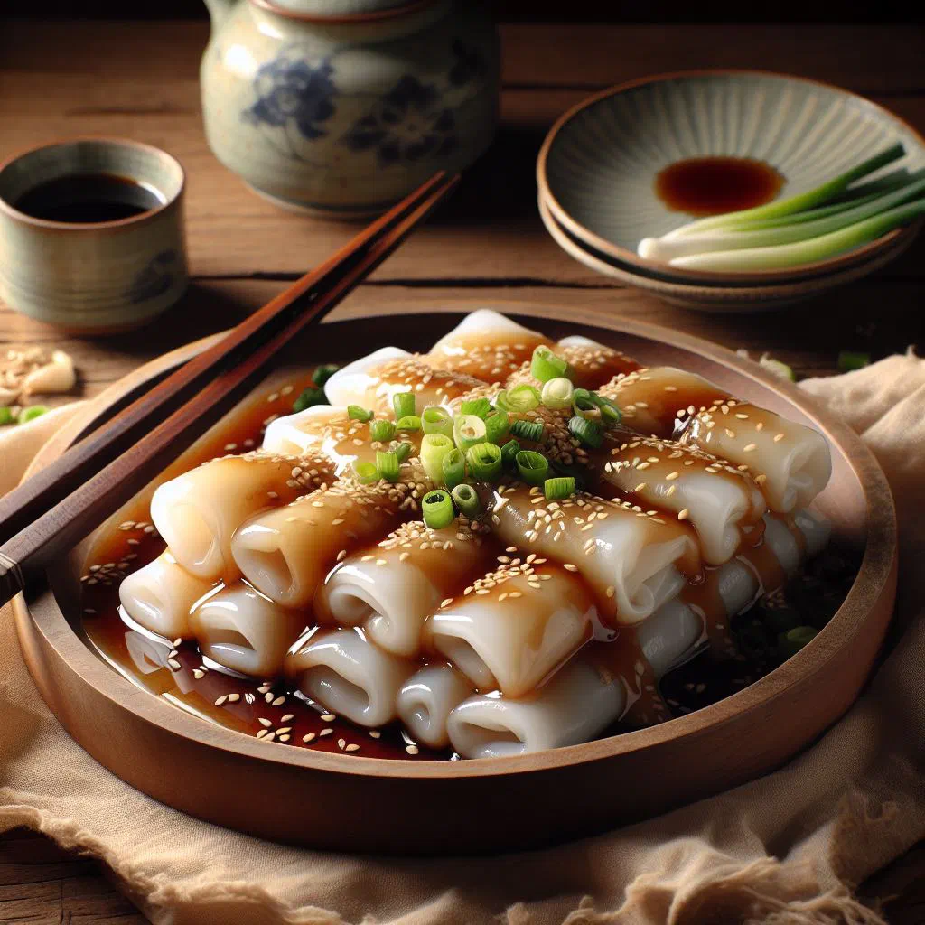 Silky steamed rice rolls drizzled with soy sauce and sesame oil