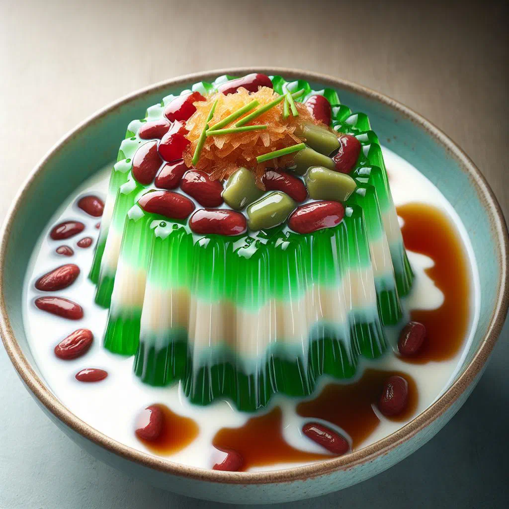 Chilled chendol agar agar cubes with green rice noodles and coconut milk