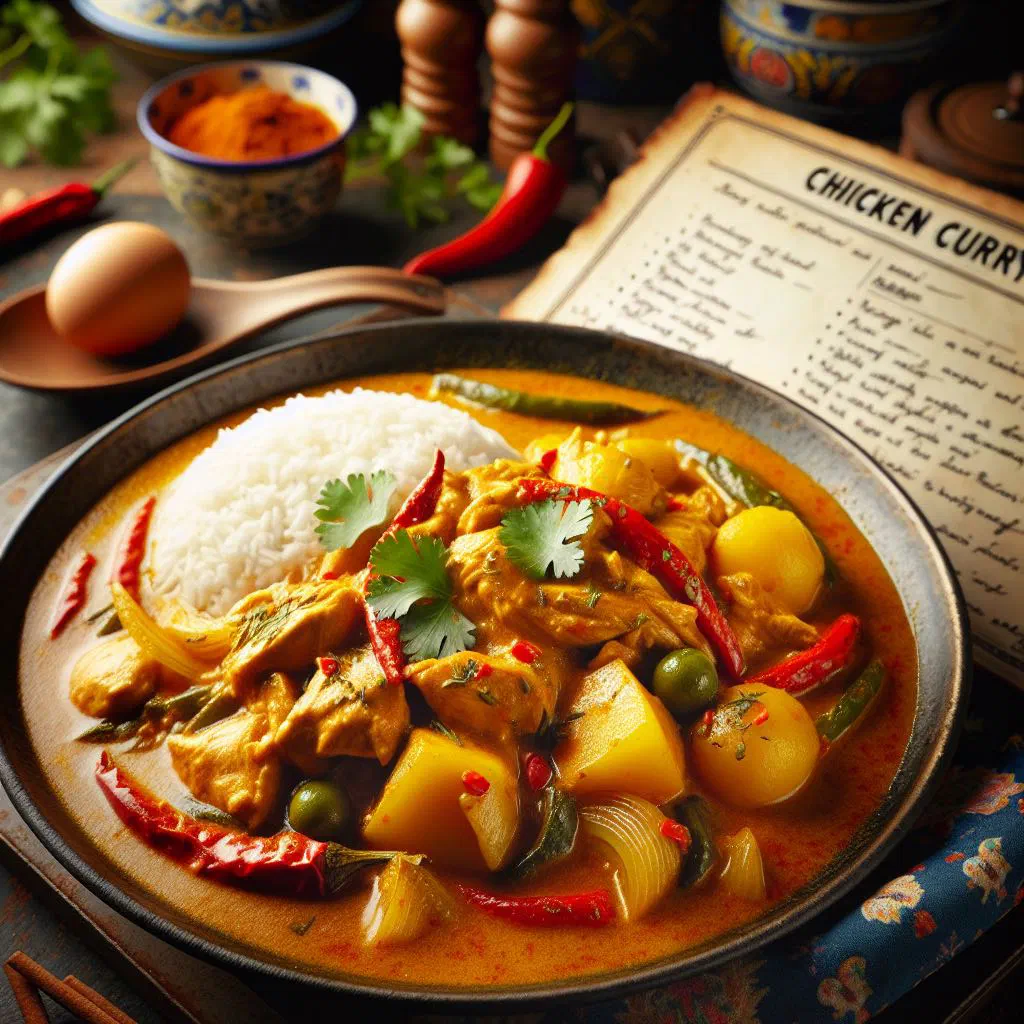 Bowl of Singaporean chicken curry in coconut sauce garnished with coriander