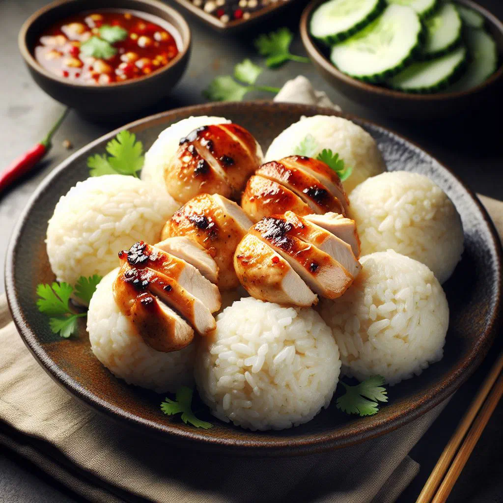 Chicken rice balls served with poached chicken and fresh coriander