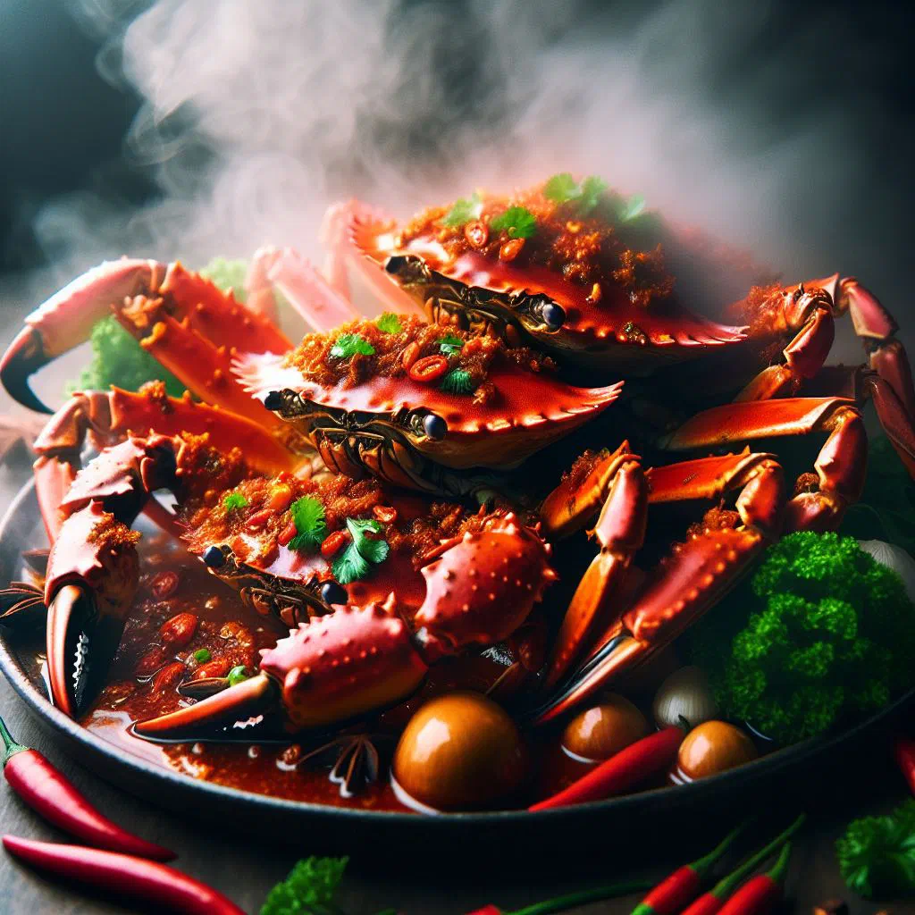 Whole crab pieces coated in a glossy red chilli and tomato sauce, garnished with coriander