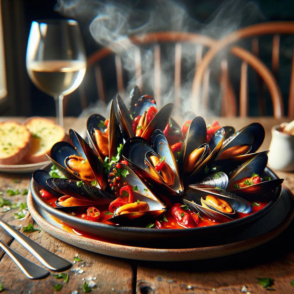 Chilli mussels in a spicy coconut chilli sauce garnished with fresh coriander