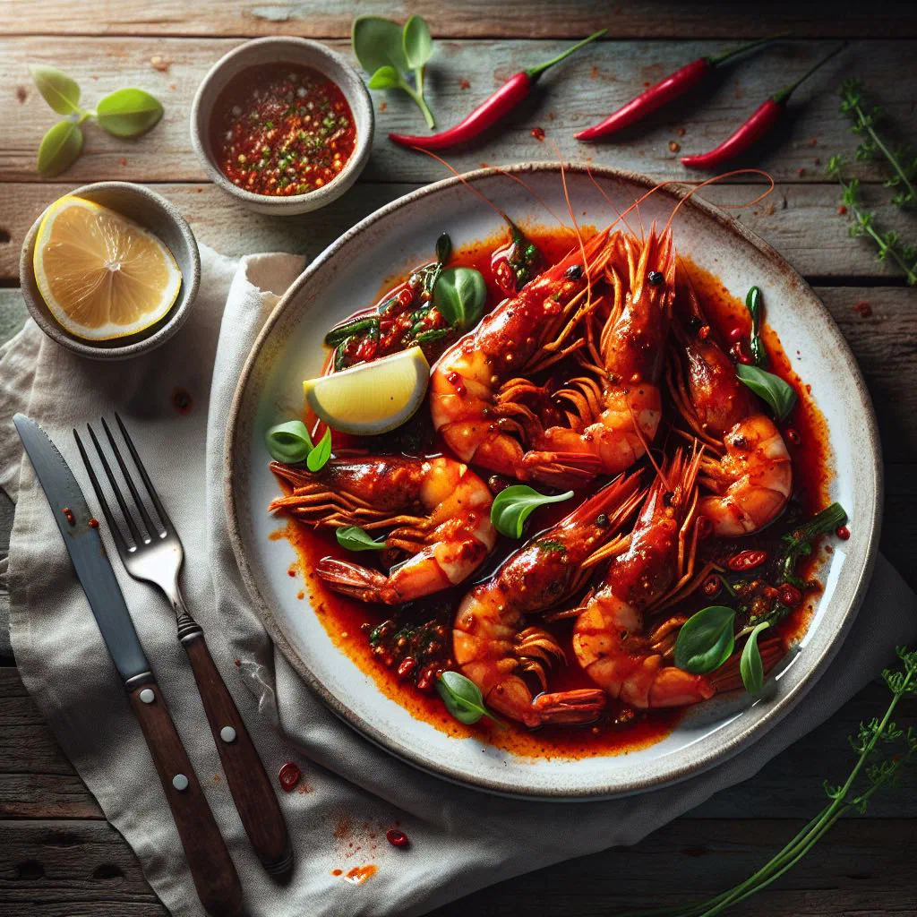 Chilli prawns in a rich red tomato-chilli sauce garnished with fresh coriander