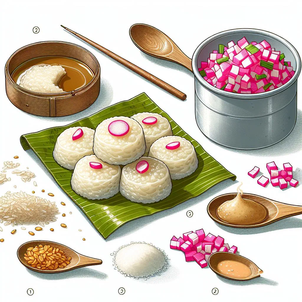Steamed chwee kueh rice cakes topped with fried preserved radish and shallots