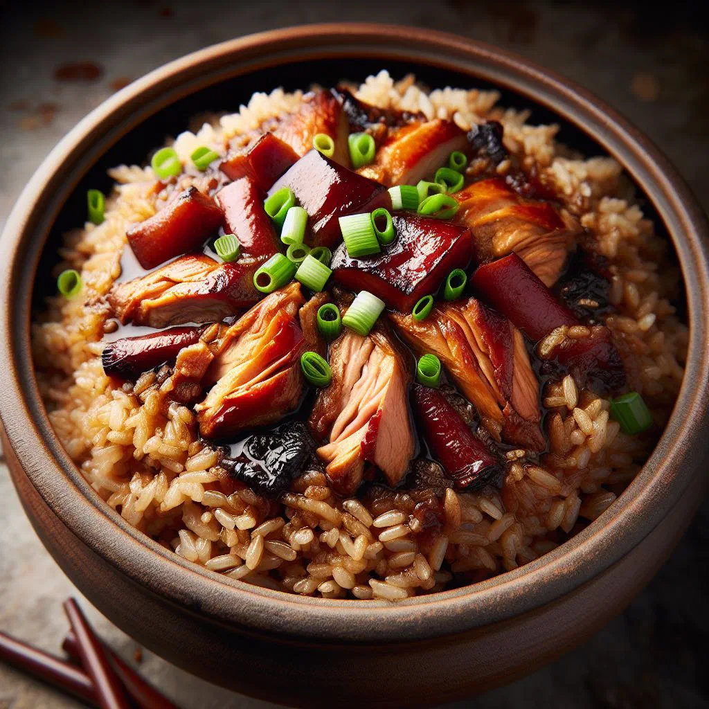 Claypot rice with chicken, mushrooms and greens served in a traditional clay pot