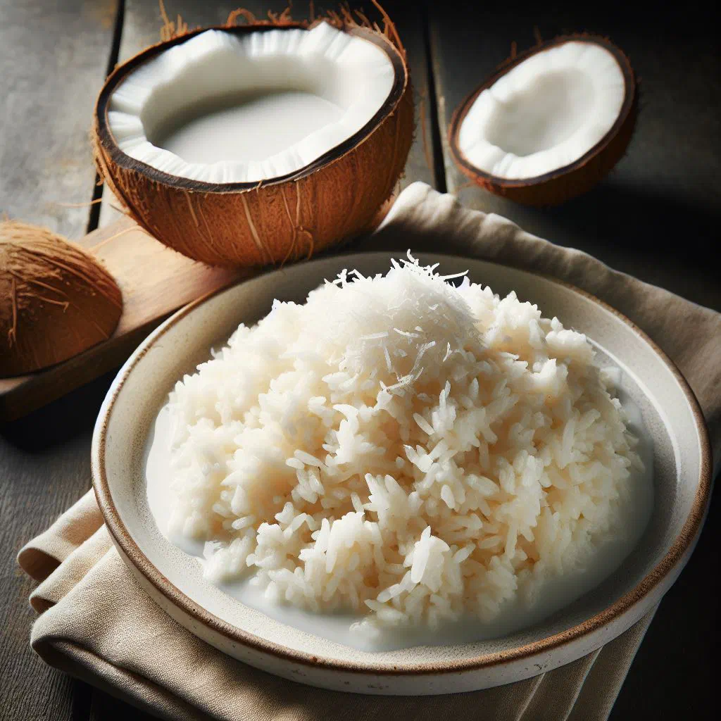 Bowl of fragrant coconut rice topped with fresh coriander