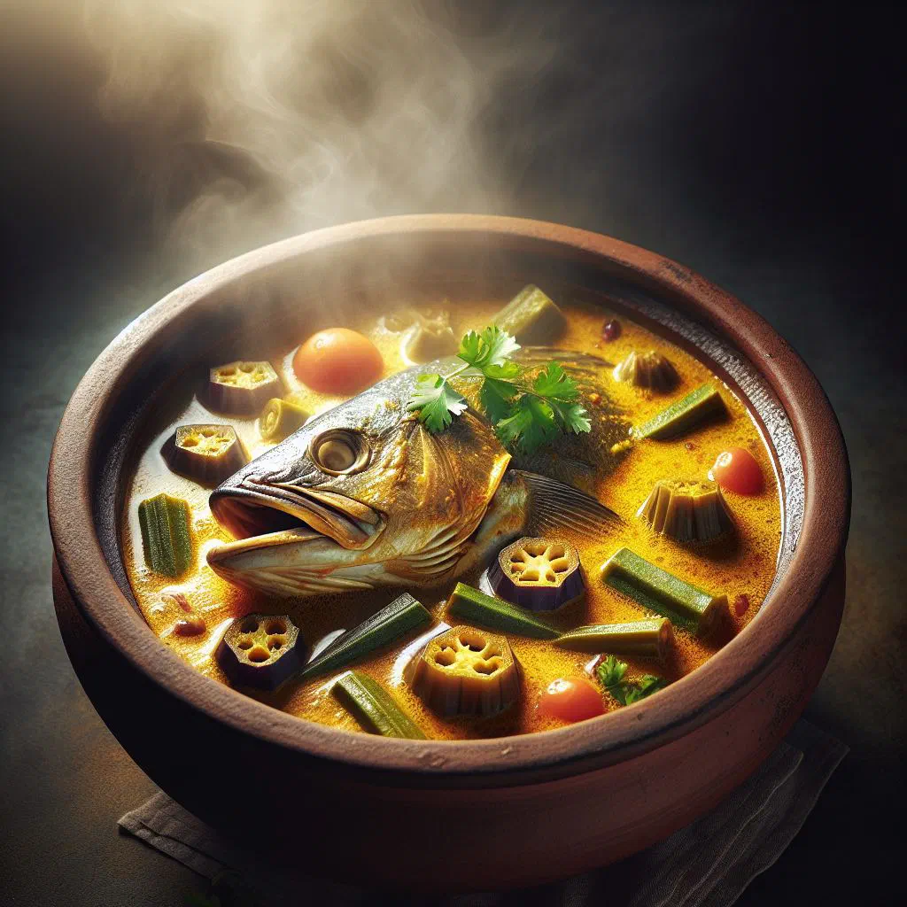 Curry fish head simmering in a rich coconut curry with vegetables and coriander