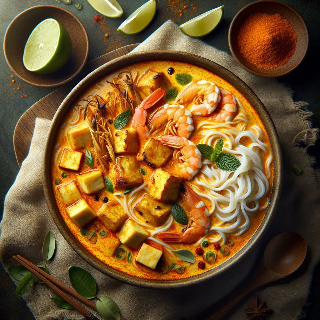 A steaming bowl of curry laksa with rice noodles, prawns and fresh coriander