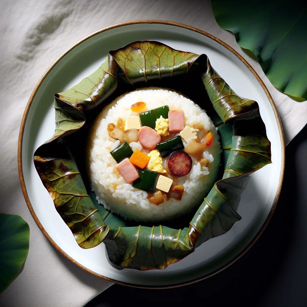 Steamed lotus leaf parcels of rice with chicken and shiitake mushrooms