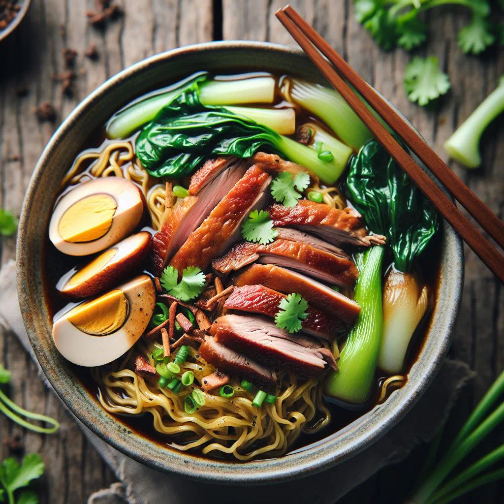 Bowl of duck mee with sliced duck breast, egg noodles and fresh coriander