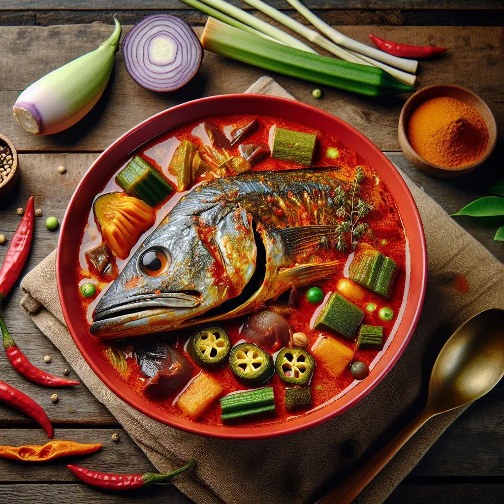 Fish head curry simmered in a rich coconut sauce with vegetables and fresh coriander
