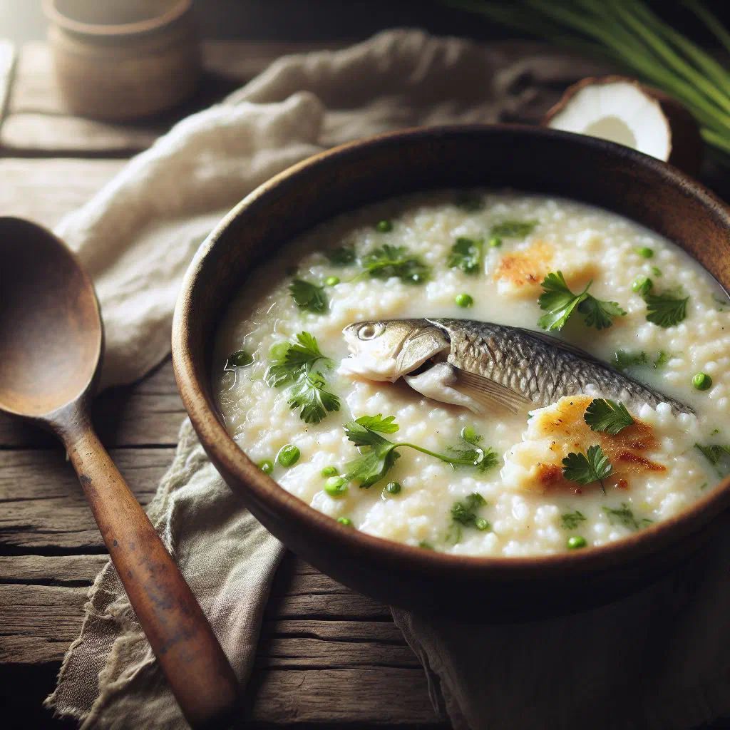 A steaming bowl of fish porridge garnished with spring onions and coriander