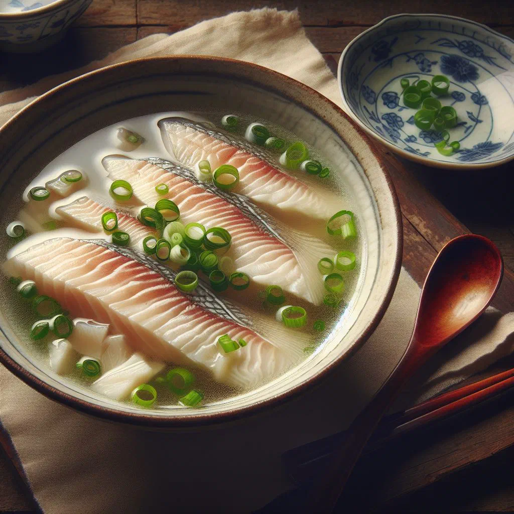 Bowl of fish slice soup with tender fish slices and fresh coriander