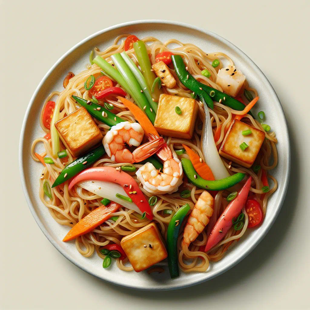 Fried bee hoon rice vermicelli tossed with vegetables and spring onions