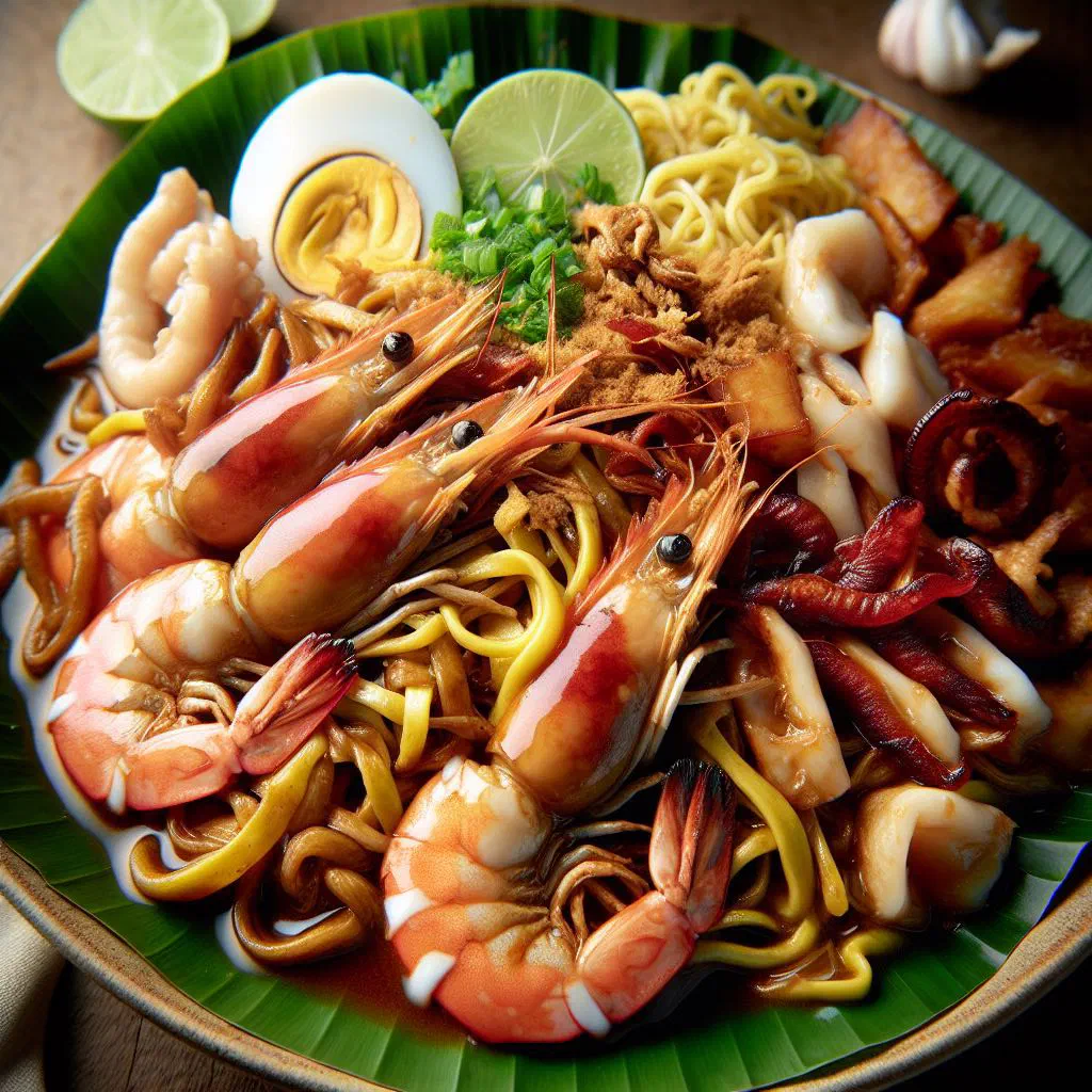 Fried Hokkien prawn mee with prawns and egg noodles garnished with coriander
