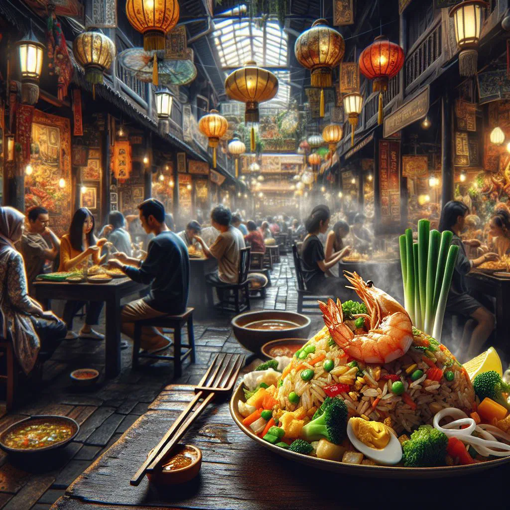 Bowl of Singaporean fried rice with chicken, vegetables and spring onion