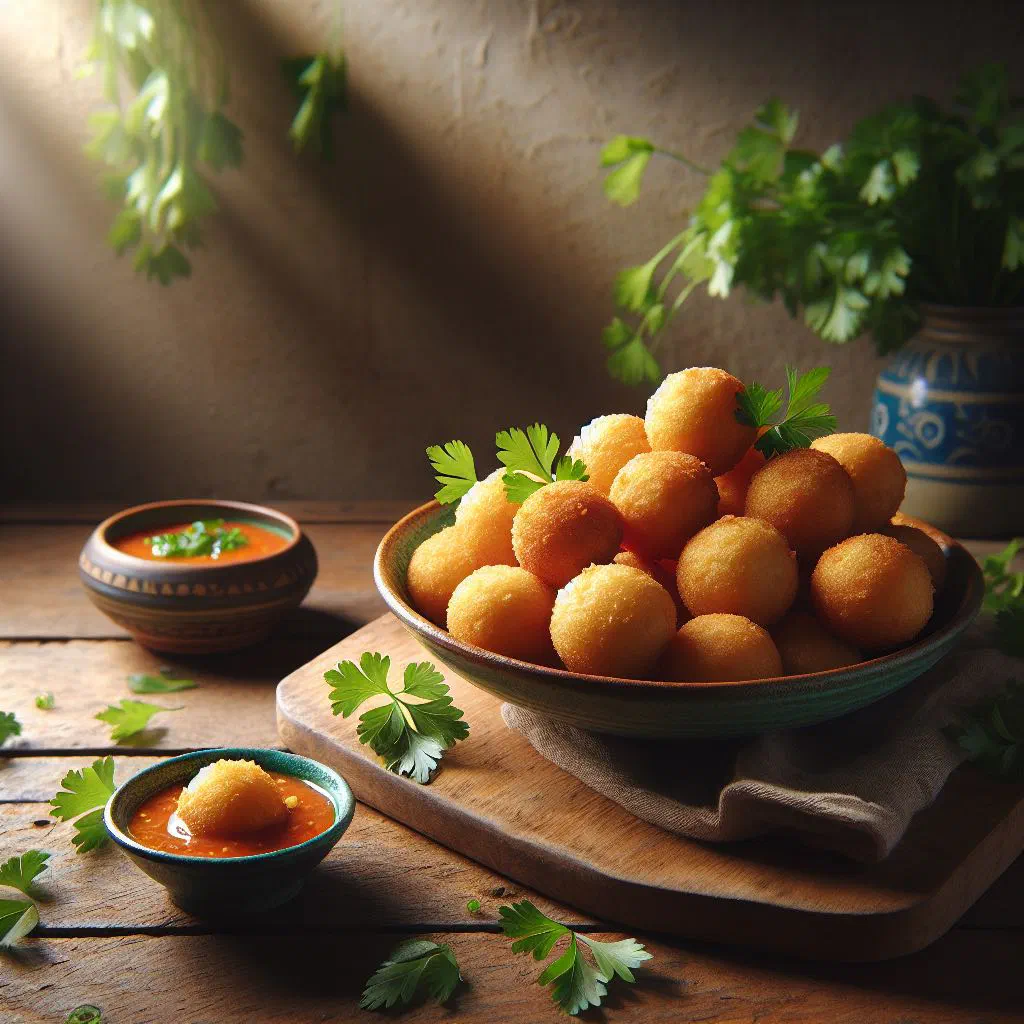Golden deep-fried yam balls served in a bowl