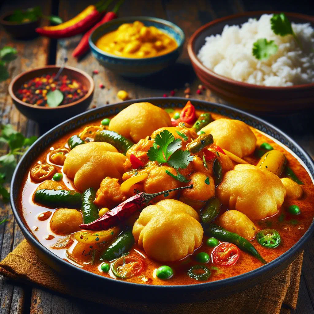 Golden pillow curry with tender chicken in coconut sauce served with fluffy bread rolls