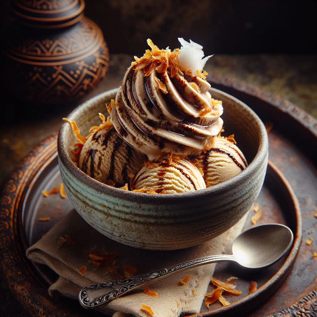 Scoops of golden gula melaka ice cream in a bowl topped with toasted coconut