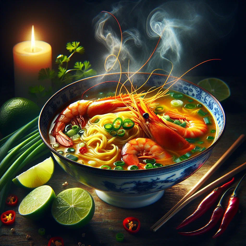 Bowl of Hae Mee prawn noodle soup garnished with coriander and spring onions