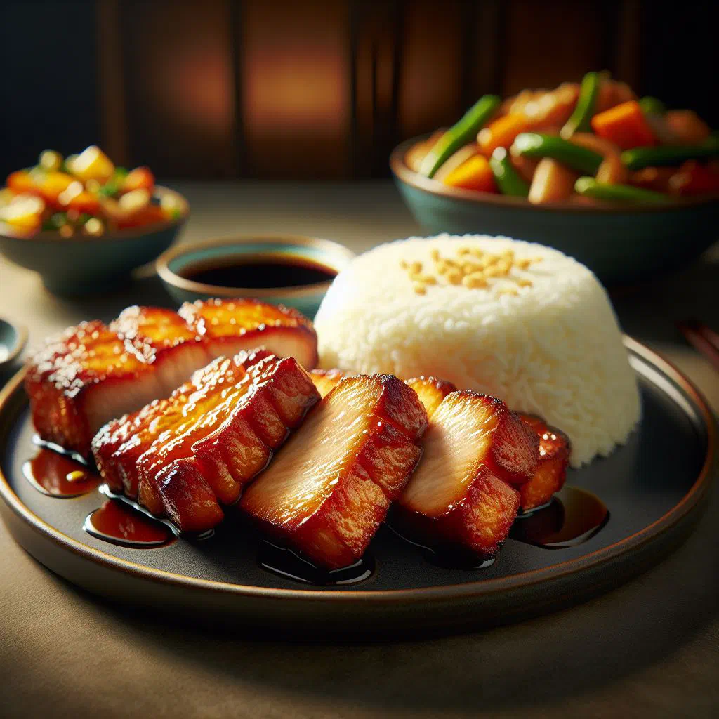 Golden crumbed Hainanese pork chop served with jasmine rice and fresh vegetables