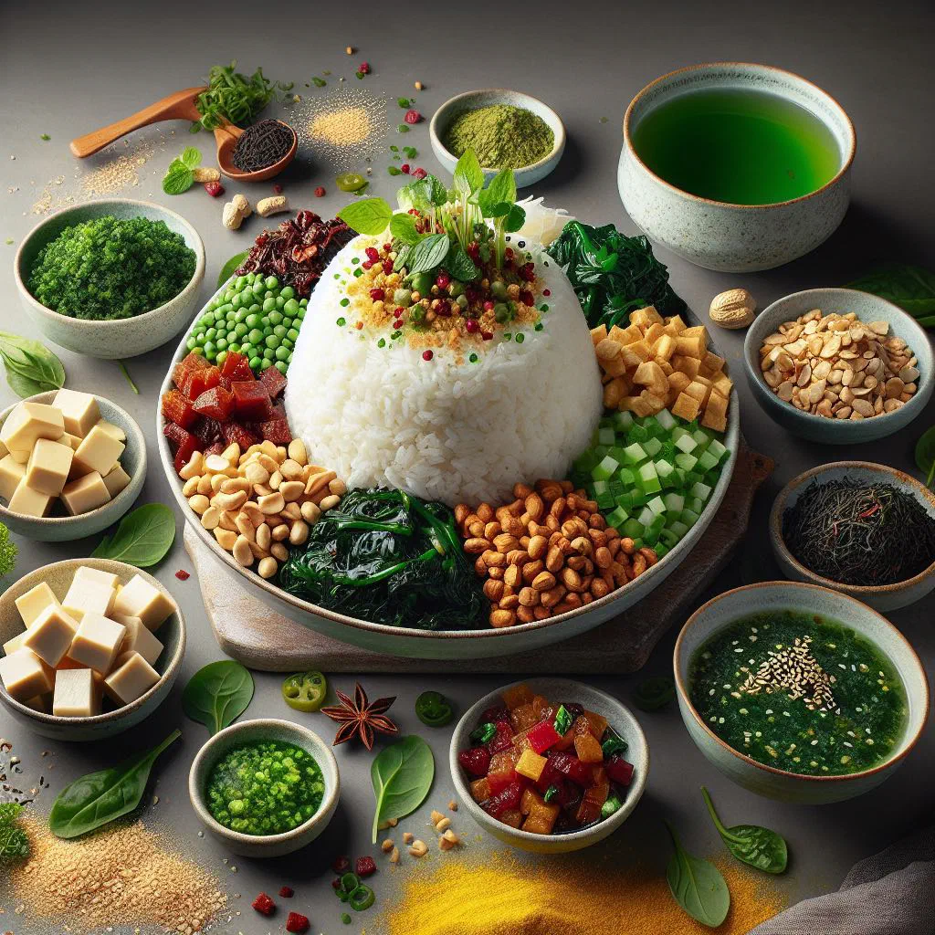Bowl of Hakka thunder tea rice with fresh vegetables and a jug of herb tea broth