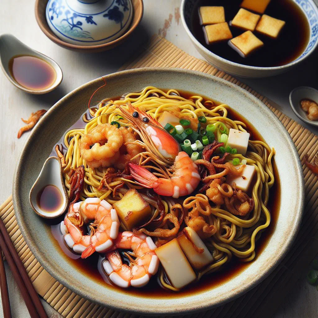 Bowl of Hokkien mee with egg noodles, prawns and pork garnished with lime and coriander