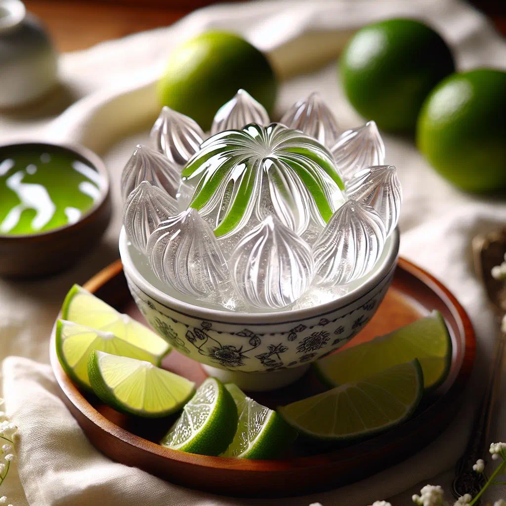 Chilled lime ice jelly in a glass topped with fresh mint and a lime slice