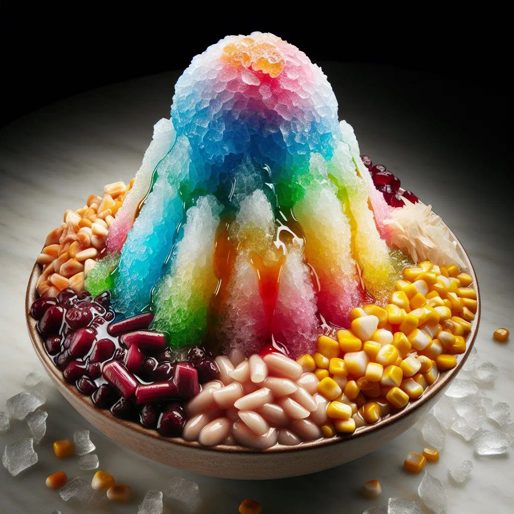 Colourful ice kachang with shaved ice, red beans and syrup in a bowl