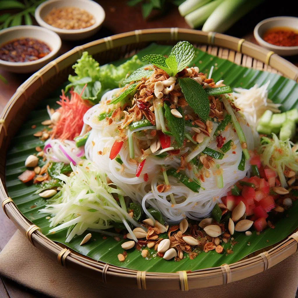 Kerabu bee hoon rice vermicelli salad with fresh vegetables, herbs and lime dressing