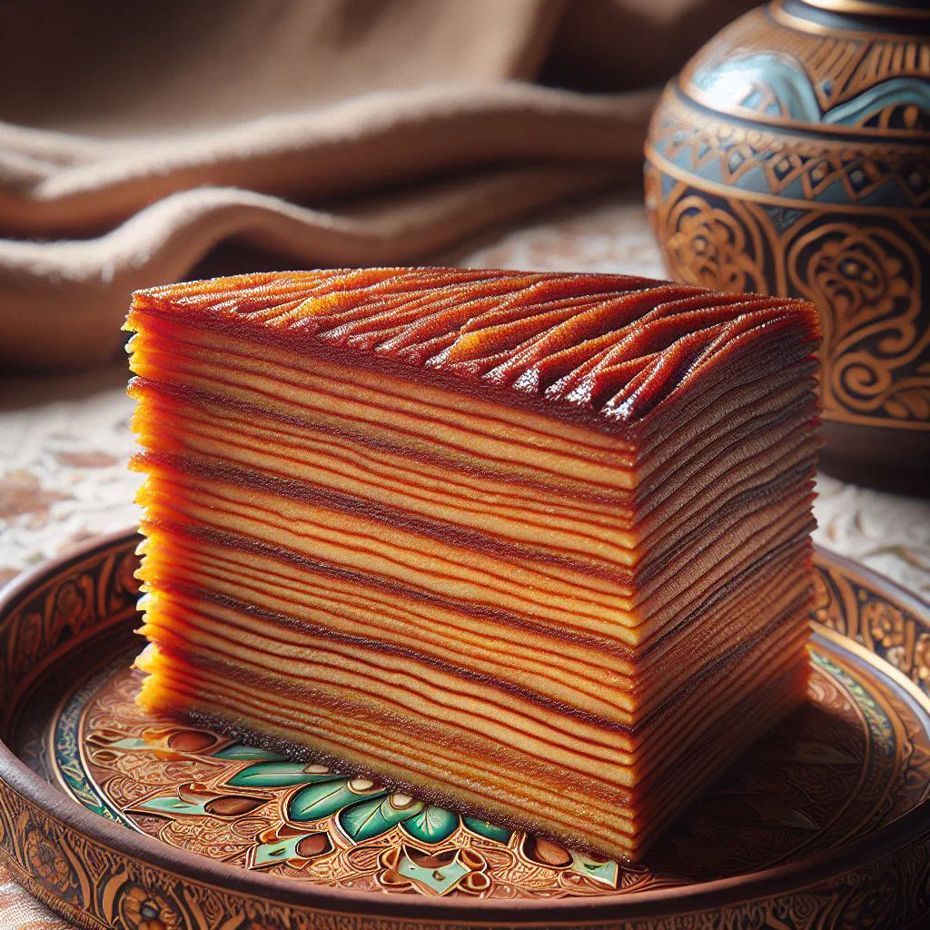 Brightly coloured layers of steamed kueh lapis sliced on a plate