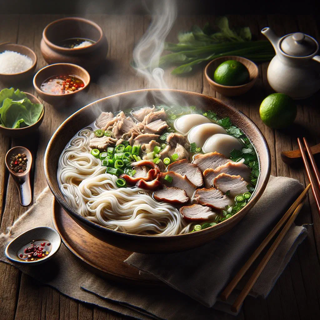 Stir-fried kway tiao rice noodles with prawns, chicken and bean sprouts
