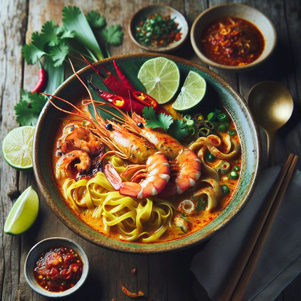 A steaming bowl of laksa prawn noodle soup with rice noodles, prawns and fresh coriander