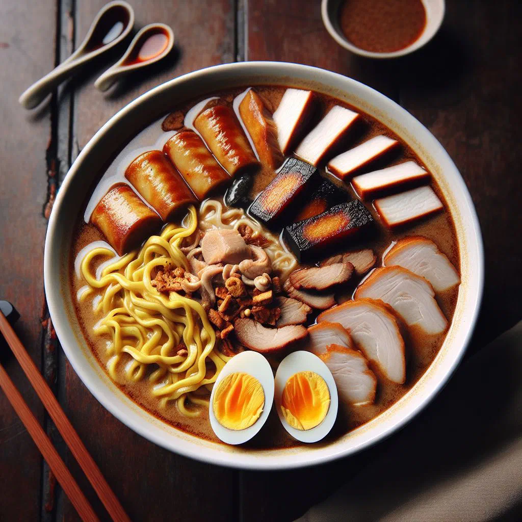 Bowl of Lor Mee noodles in thick gravy with fried tofu and pork