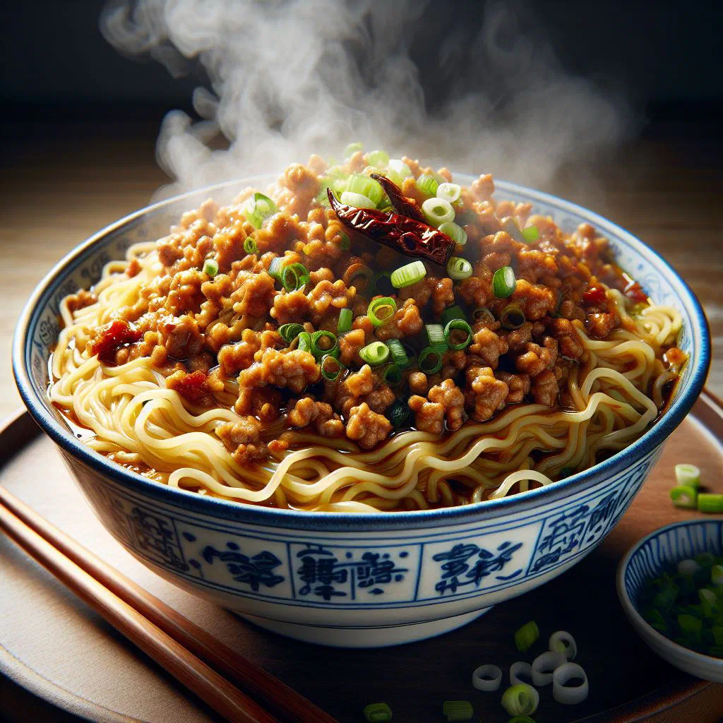 Bowl of Singaporean minced pork noodles topped with spring onions and chilli