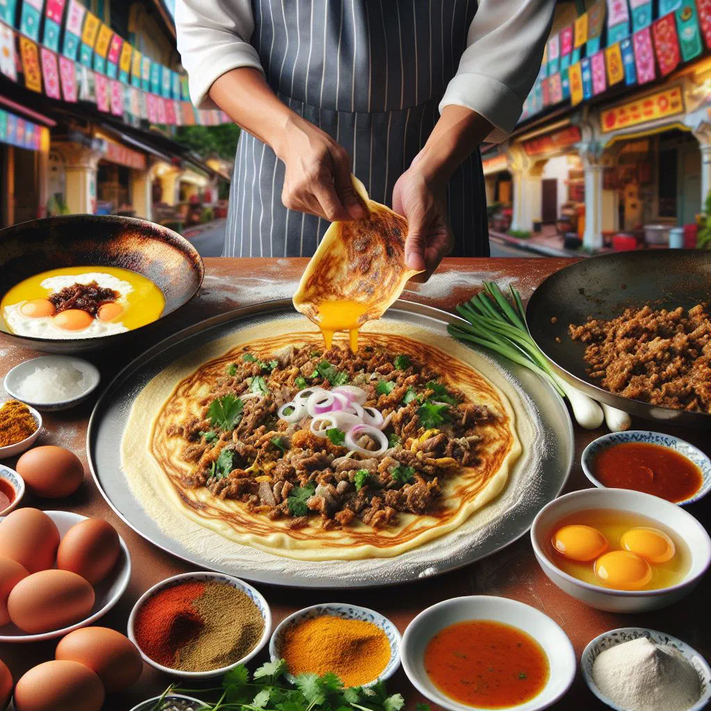 Golden pan-fried murtabak stuffed with spiced minced meat, cut into squares