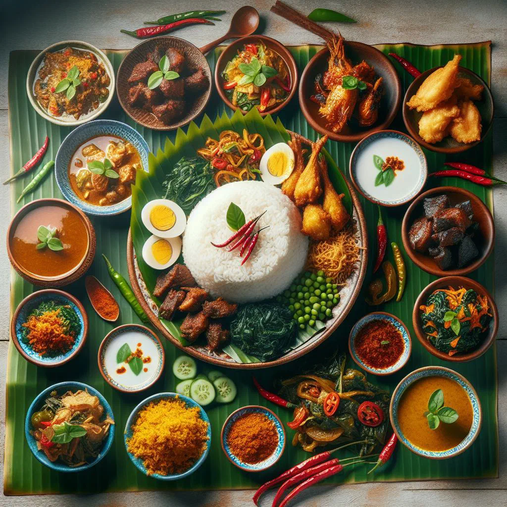 Plate of nasi padang with jasmine rice, spiced curry and fresh vegetables