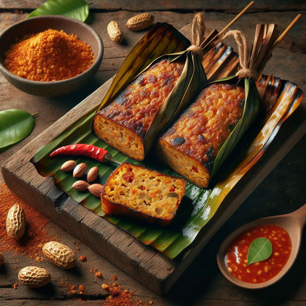 Grilled otah-otah fish paste wrapped in charred banana leaves