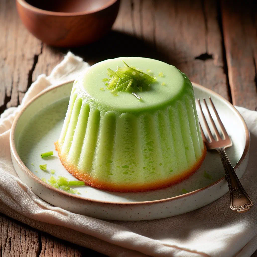 Slice of bright green pandan cake dusted with icing sugar