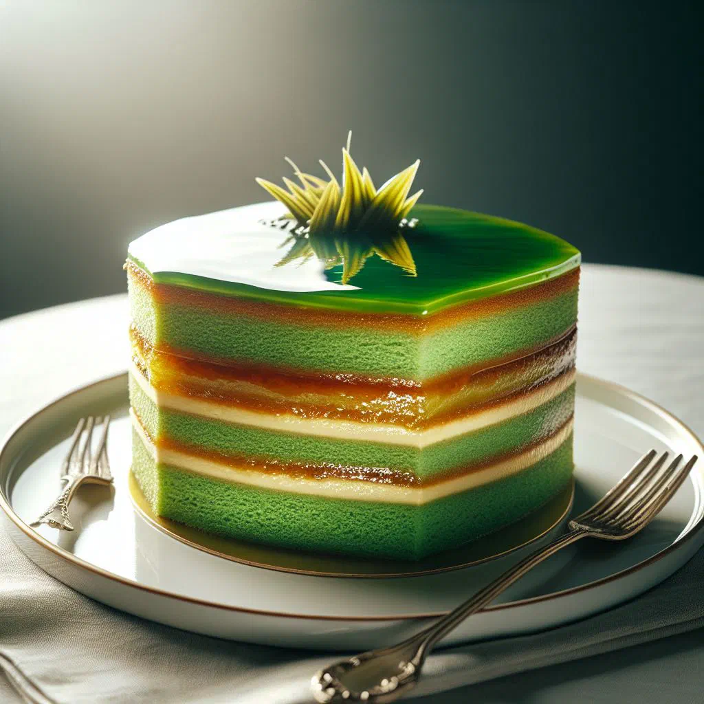 Slice of bright green pandan kaya cake on a plate