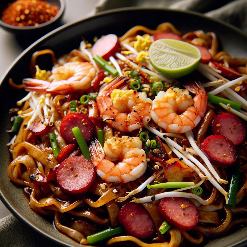Stir-fried flat rice noodles with prawns, Chinese sausage and bean sprouts
