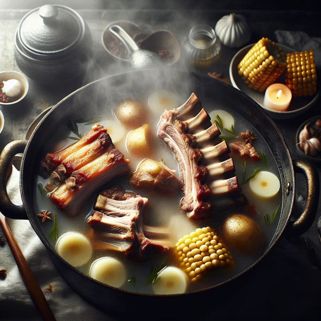 A steaming bowl of pork rib soup garnished with fresh coriander