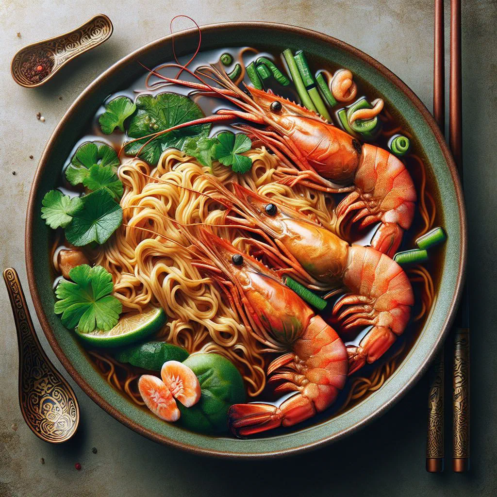 Bowl of prawn mee noodle soup with prawns, spring onions and coriander