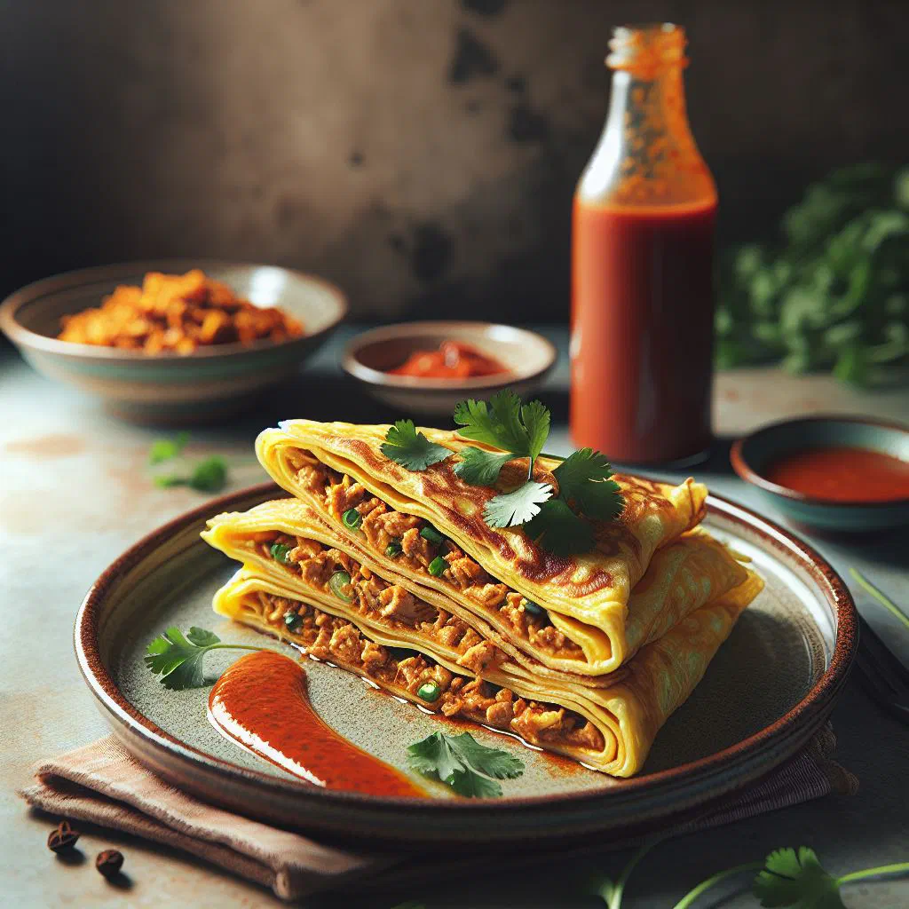 Roti John sandwich filled with spiced minced beef and egg, garnished with coriander