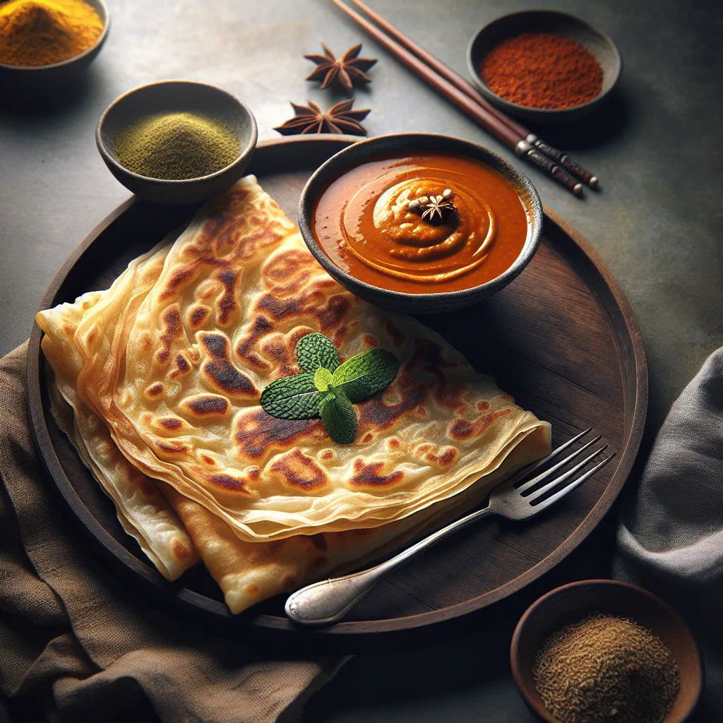Crispy roti prata flatbread served with a bowl of curry sauce
