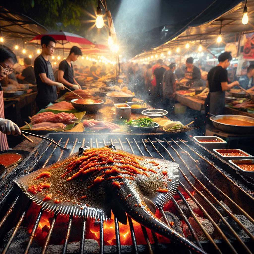 Grilled stingray fillet on a banana leaf topped with spicy red sambal and lime