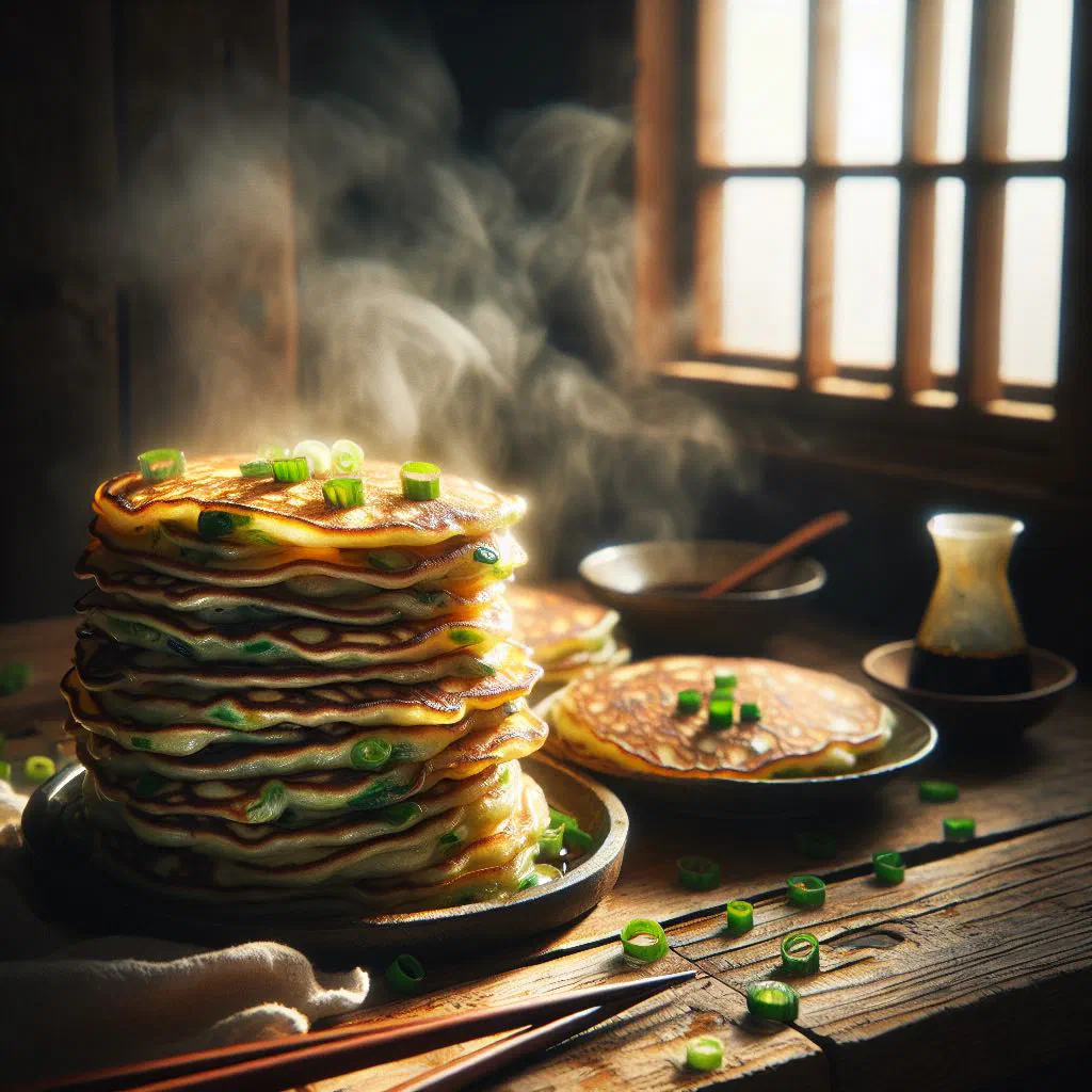 Golden, crispy scallion pancakes cut into wedges with spring onions