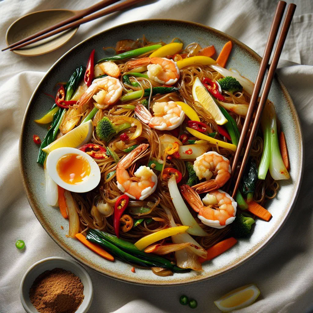 Stir-fried rice vermicelli with chicken, vegetables and spring onions
